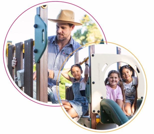 Play Force staff performing an entrapment inspection on wooden planks at the top of a slide at a playground